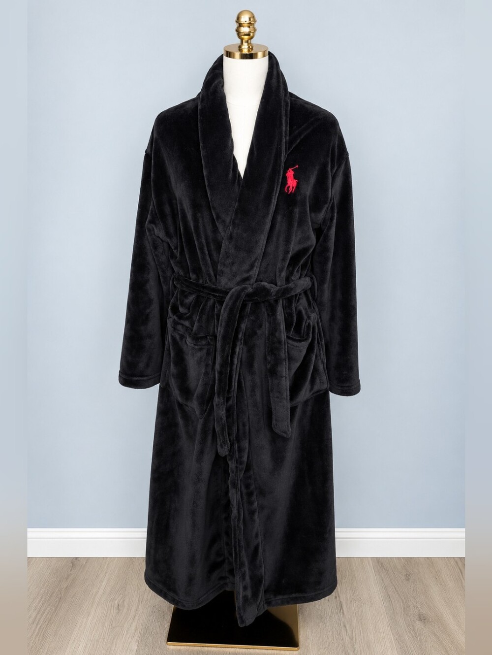 Polo Ralph Lauren Black Plush Robe S/M Red Pony Belted Sleepwear